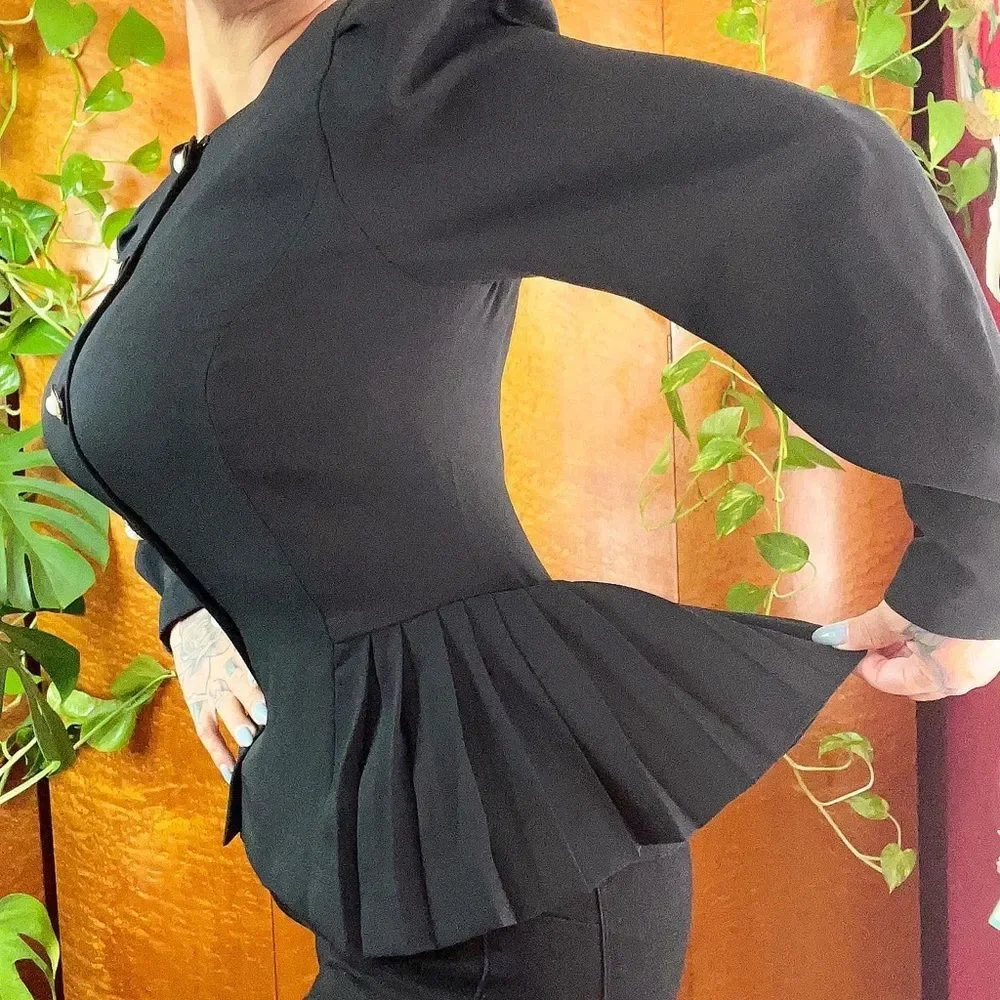 NWT LESLIE FAY 1990’s 90s Vintage Black Crepe Box Pleat Peplum Suit Jacket 12 - Picture 6 of 11